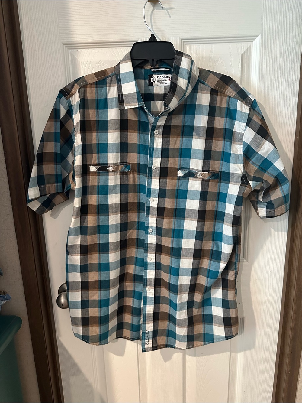Ezekiel Teal, Brown & White Plaid Short-Sleeve Button-Down Shirt XL